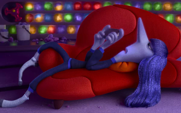 HD desktop wallpaper featuring Ennui from Inside Out 2, lounging on a red sofa with colorful lights in the background.