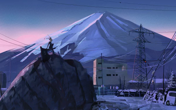 Anime-style HD desktop wallpaper featuring Kikoru Shinomiya from Kaiju No. 8 overlooking a snowy mountain landscape with power lines at dusk.