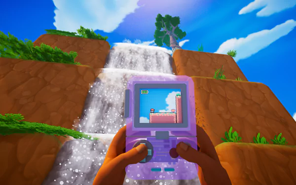 HD desktop wallpaper featuring a video game scene with a handheld console in the foreground and a vibrant waterfall landscape in the background under a clear blue sky.