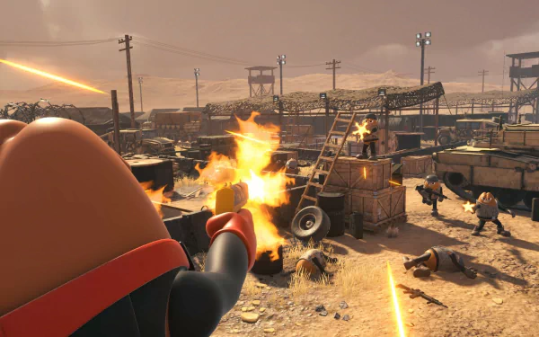 HD desktop wallpaper of Killer Bean engaging in a dynamic shootout scene from a video game, with explosions and combat in a desert-like environment.