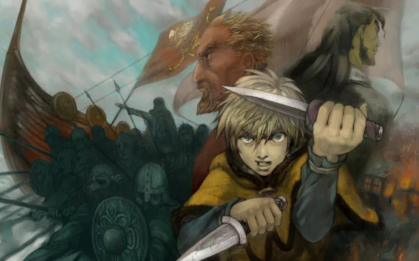 HD desktop wallpaper featuring characters Thorfinn, Askeladd, and Thors from Vinland Saga. Thorfinn holds a dagger with a determined expression, against a backdrop of Viking ships and warriors.