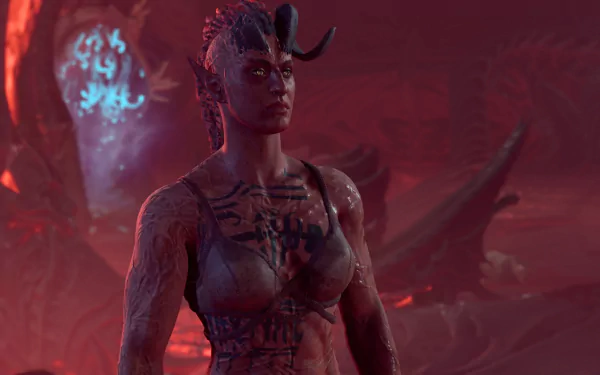 HD desktop wallpaper featuring Karlach from Baldur's Gate 3, set against a dramatic background with glowing runes and fiery ambiance.