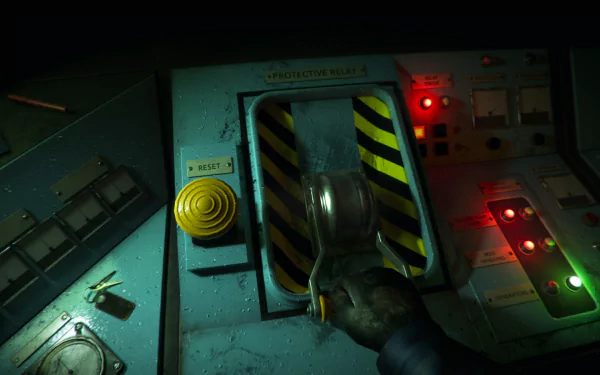HD desktop wallpaper of the video game Still Wakes the Deep, featuring a tense atmosphere with a hand operating a lever on a control panel illuminated by various lights.