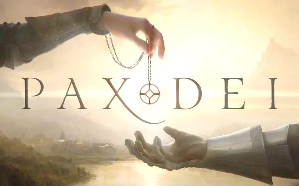 HD desktop wallpaper featuring the video game Pax Dei, showing two armored hands exchanging a pendant with a scenic landscape in the background.