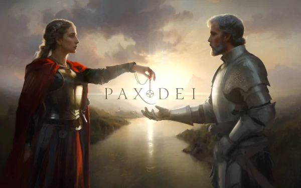 HD wallpaper of Pax Dei video game, featuring a warrior and knight exchanging a red ribbon at sunset over a serene river.