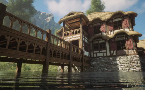 A high-definition desktop wallpaper featuring a scenic view from the video game Pax Dei, showcasing a rustic wooden bridge and an elaborate medieval-style building by the water under a blue sky.