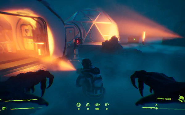 HD desktop wallpaper of a gameplay scene from the video game Level Zero: Extraction, depicting a player character in a foggy, illuminated environment with monstrous hands visible in the foreground.