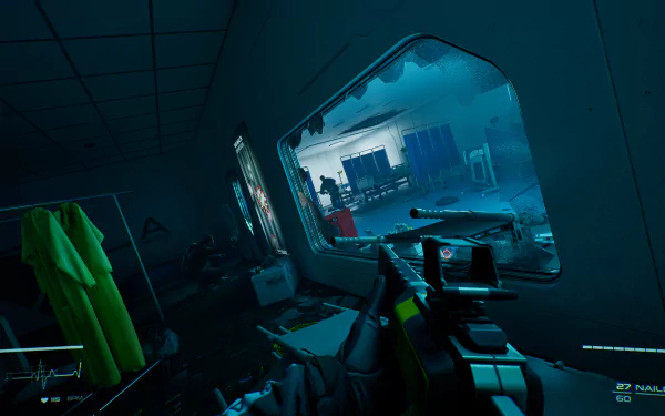 HD desktop wallpaper showing a scene from the video game Level Zero: Extraction, featuring a first-person view with a futuristic weapon, looking into a room through a broken window.