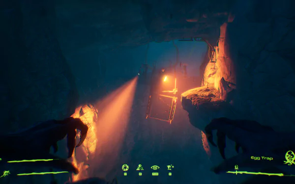 HD desktop wallpaper of the video game Level Zero: Extraction, depicting a dark, eerie cave lit by a glowing red light, with clawed hands visible in the foreground.