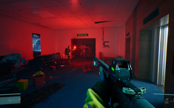 HD desktop wallpaper featuring an intense action scene from the video game Level Zero: Extraction, with characters navigating a dimly lit, red-tinged room.