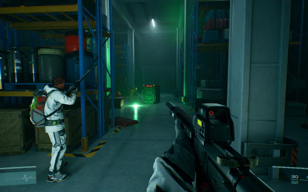 HD wallpaper and background from the video game Level Zero: Extraction, depicting a first-person perspective in a warehouse setting with two armed characters navigating through industrial shelving units.