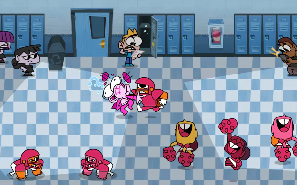 HD desktop wallpaper and background from the video game BLUD, featuring cartoon characters in a school hallway with lockers, engaged in various activities and interactions.
