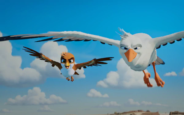 HD desktop wallpaper featuring characters from the movie A Stork's Journey 2 flying in a bright blue sky with fluffy clouds.
