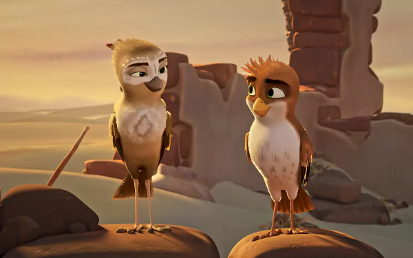 Two animated birds from A Stork's Journey 2 perched on rocks in a serene desert environment, featured in a HD desktop wallpaper and background.