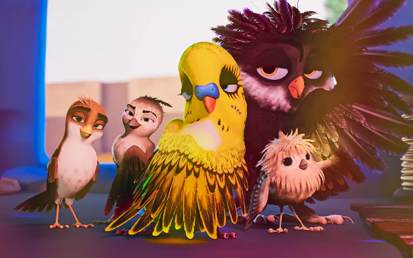HD wallpaper featuring characters from the movie A Stork's Journey 2, showing an expressive group of animated birds standing together against a brightly lit background.