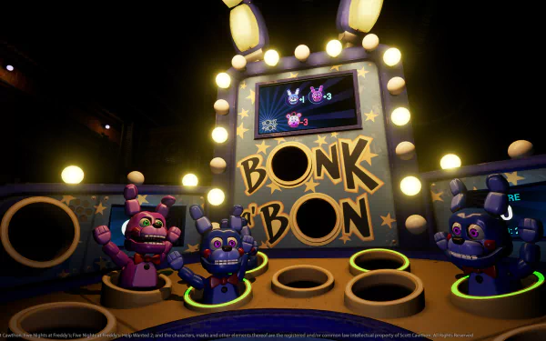 HD desktop wallpaper and background from the video game Five Nights at Freddy's: Help Wanted 2, featuring an illuminated Bonk 'n Bon arcade scene with animatronic characters in vibrant colors.