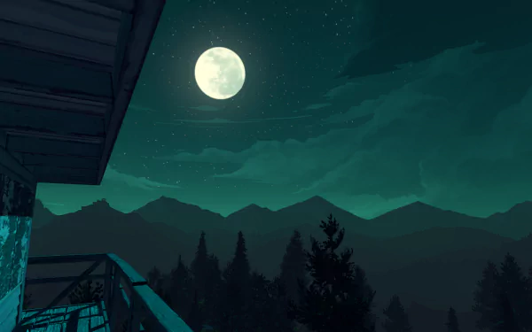 HD Firewatch night scene wallpaper featuring a bright full moon over silhouetted mountains and trees, viewed from a wooden cabin balcony.