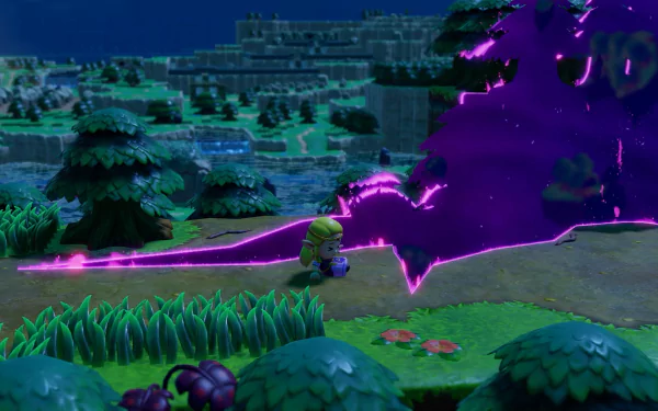 HD desktop wallpaper and background image from the video game The Legend of Zelda: Echoes of Wisdom, featuring a landscape with lush greenery and a character near a glowing, mysterious portal.