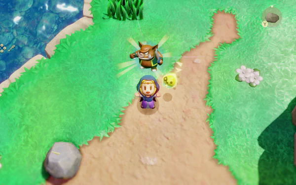 HD desktop wallpaper from the video game The Legend of Zelda: Echoes of Wisdom. Energetic in-game scene with vibrant green landscapes, characters on a path, and a pond in the corner.