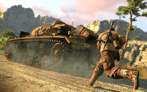 HD desktop wallpaper from Sniper Elite III video game featuring a soldier running next to a tank in a rugged, mountainous environment with clear skies.