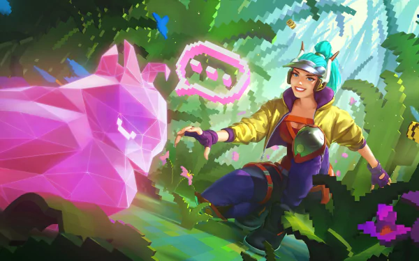 HD desktop wallpaper featuring Quinn from League of Legends in a vibrant forest setting, interacting with a neon-pink, polygonal creature.