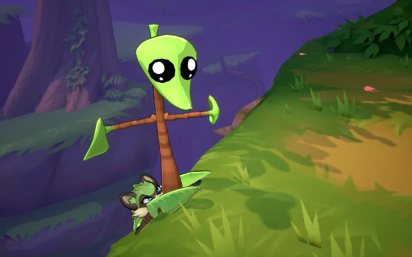 HD desktop wallpaper featuring a scene from the video game Rivals 2, showing a cute animal character and a quirky, green scarecrow-like figure in a lush, vibrant forest setting.