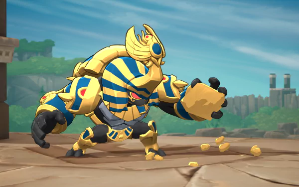 HD desktop wallpaper featuring a character from the video game Rivals 2, showcasing a majestic, armored figure with Egyptian-themed design in a dynamic pose against a scenic background.
