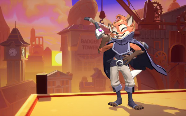 A vibrant HD desktop wallpaper from Rivals 2 featuring an animated character standing confidently on a rooftop, set against a sunset backdrop with clock towers and industrial structures.