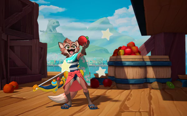 HD desktop wallpaper of Rivals 2 video game featuring an animated fox character holding a tomato, with a vibrant and colorful background of crates and barrels on a wooden platform.