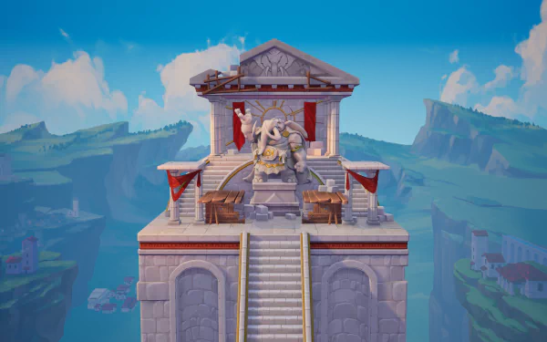 HD desktop wallpaper featuring a vivid scene from the video game Rivals 2: Pantheon, showcasing a grand stone temple with a stairway, statues, and scenic mountain views in the background.