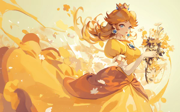 HD desktop wallpaper of Princess Daisy from Super Mario Bros., featuring her in a flowing orange and yellow dress holding flowers with a vibrant and dynamic background.