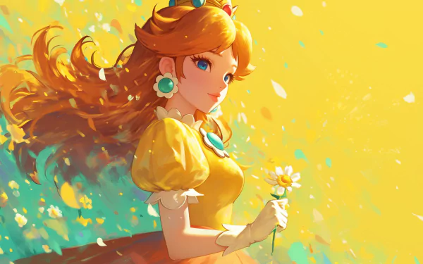 HD desktop wallpaper featuring Princess Daisy from the Super Mario Bros. video game, wearing a yellow dress and holding a flower, set against a vibrant, colorful background.