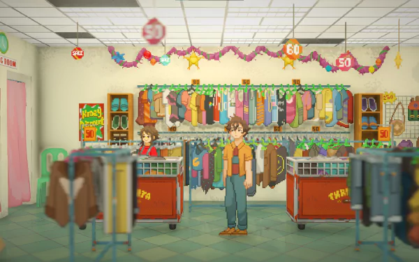 Pixel art scene from the video game Until Then featuring a colorful shop interior with clothes on racks and characters shopping. The HD desktop wallpaper is decorated with sale signs and festive garlands.