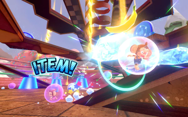 HD desktop wallpaper featuring a vibrant scene from the video game Super Monkey Ball Banana Rumble, showcasing characters in bubbles collecting items in a colorful, dynamic environment.