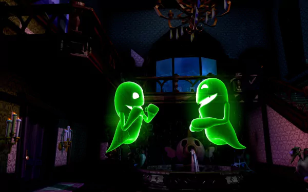 HD desktop wallpaper from Luigi's Mansion 2 featuring two glowing green ghosts in a dimly lit mansion interior.