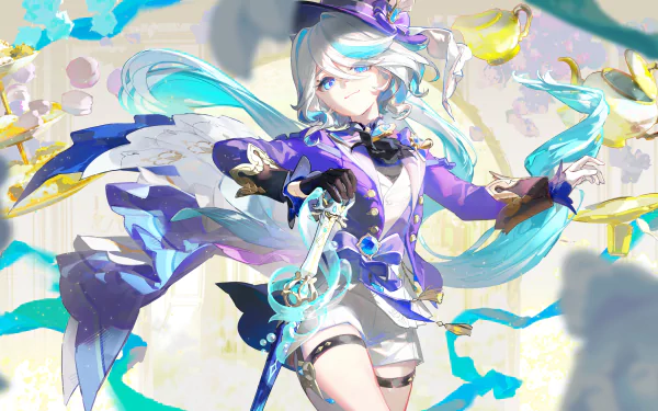 4K Ultra HD PC desktop wallpaper featuring Furina, a girl character from the video game Genshin Impact, surrounded by vibrant, ethereal blue and purple elements.