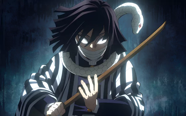 Obanai Iguro from Demon Slayer: Kimetsu no Yaiba stands with glowing eyes, gripping a katana wrapped in a white snake, rendered in 4K Ultra HD anime style.
