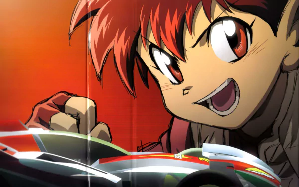 HD desktop wallpaper from the anime Bakusō Kyōdai Let's & Go!! featuring a red-haired character enthusiastically holding a small racing car against a vibrant orange background.