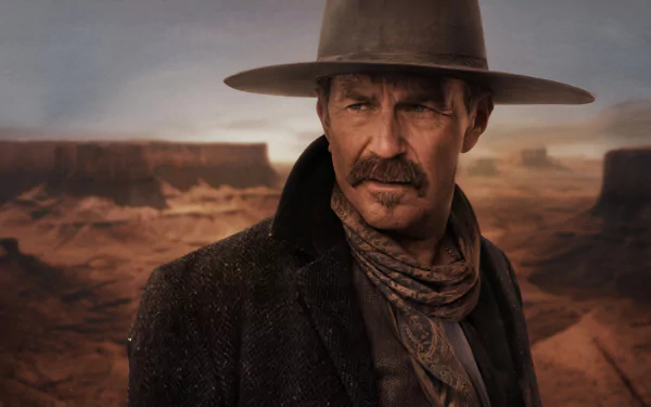 HD desktop wallpaper of Kevin Costner in Horizon: An American Saga - Chapter 1, featuring him in a Western landscape with rugged terrain and sunset hues.