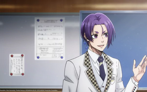 HD desktop wallpaper featuring Reo Mikage from the anime Blue Lock, with Reo wearing a white school uniform and standing in front of a classroom.