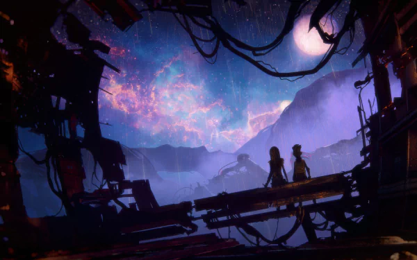 HD desktop wallpaper showing a scene from the TV show Star Trek: Prodigy, featuring two silhouetted figures against a cosmic landscape with a moon and vibrant nebula in the background.