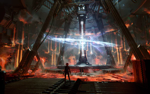 HD desktop wallpaper of The First Descendant video game, featuring a lone character standing before a futuristic, glowing structure amidst a fiery, mechanical environment.