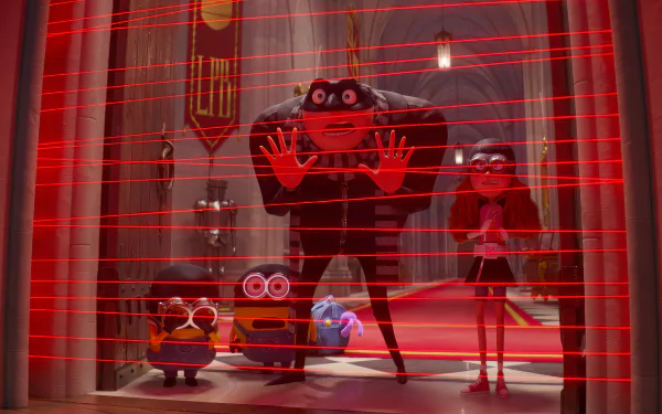 HD wallpaper of Despicable Me 4 featuring Gru and the Minions caught in a room filled with red laser beams, standing with exaggerated expressions in a spacious, ornate hallway.