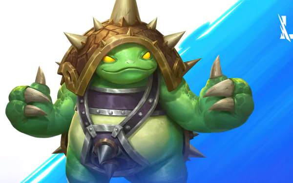 HD wallpaper featuring Rammus from League of Legends: Wild Rift. The armored, spiked character stands confidently against a blue and white background.