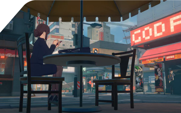 HD desktop wallpaper from the video game Zenless Zone Zero, showing a character at an outdoor café in an urban setting with vibrant signage in the background.