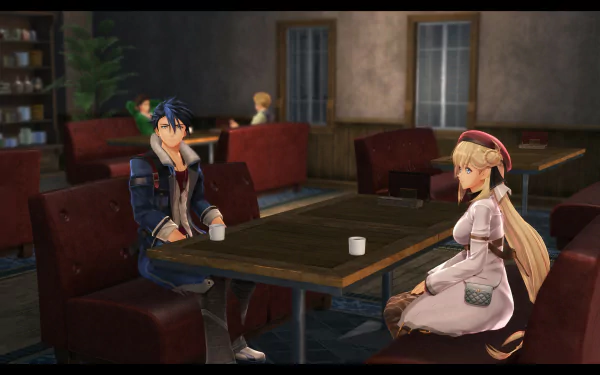 HD desktop wallpaper from The Legend of Heroes: Trails through Daybreak showing two characters sitting at a table in a cozy cafe, surrounded by a warm, inviting atmosphere.