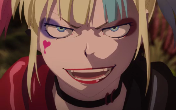 A vivid HD desktop wallpaper featuring an intense close-up of Harley Quinn from the anime series Suicide Squad Isekai, showcasing her bold makeup and mischievous expression.