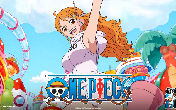 Anime HD desktop wallpaper featuring Nami from One Piece with a vibrant amusement park background and the One Piece logo prominently displayed.