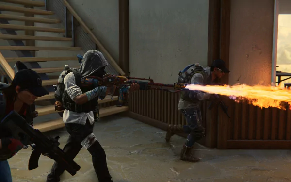 A high-definition desktop wallpaper from the video game Once Human, featuring three characters engaged in an intense shootout inside a building; one character wields a flamethrower.