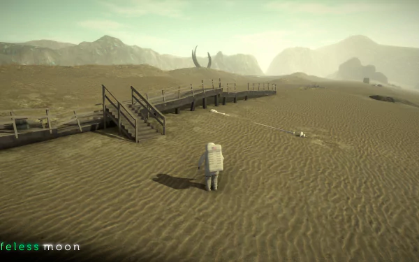 An astronaut walks on a sandy terrain with a wooden bridge and distant mountains under a cloudy sky in a scene from the video game Lifeless Moon.